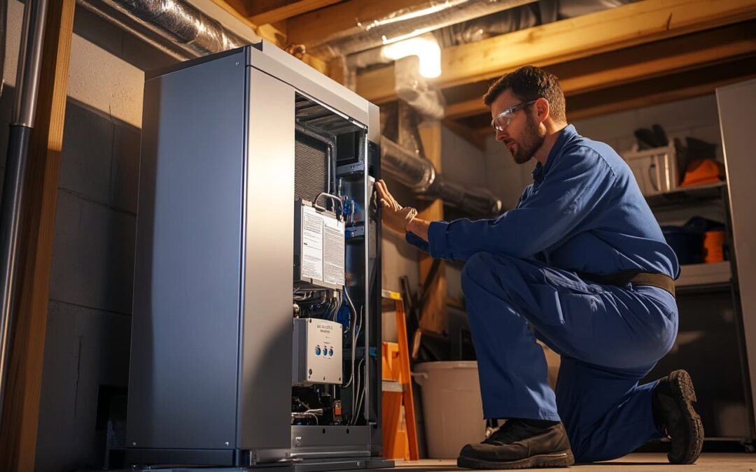 technician installing a high efficiency furnace